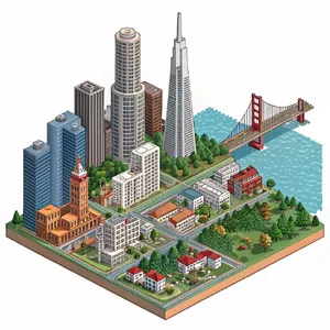 Pixel art cityscape of San Francisco in the iconic SimCity 2000 style, isometric view, detailed skyscrapers, residential areas, clearly identifiable Golden Gate Bridge, Coit Tower, Transamerica Pyramid, surrounded by the classic SimCity 2000 UI elements - Recraft Recraft V3