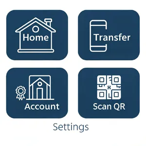 Set of 5 consistent flat design icons for a mobile banking app: 'Home', 'Transfer', 'Account', 'Scan QR', 'Settings'. Monochrome dark blue. - Recraft Recraft V3