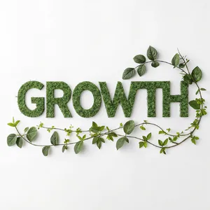 The word 'GROWTH' visualized using stylized plant vines organically forming the letters, green tones, white background, graphic design. - Recraft Recraft V3