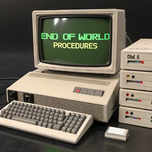 Vintage Apple II computer with green monochrome CRT screen, displaying 'END OF WORLD PROCEDURES' in green text. Two external floppy drives stacked on the right, labeled disk II with rainbow Apple logos. Beige casing, black background, retro aesthetic. - Recraft Recraft V3
