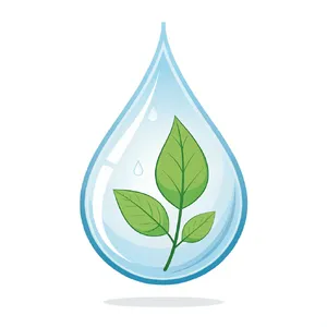 Visual element for an infographic about water conservation. Stylized water droplet icon containing a small green leaf, clean vector art. - Recraft Recraft V3