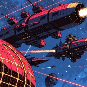 A 90s anime-style space battle scene with giant starships and laser beams. - Recraft Recraft V4.1