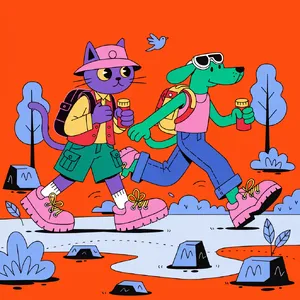 A cartoon of a cat and a dog on an adventure, drawn in a colorful 2D style. - Recraft Recraft V4.1