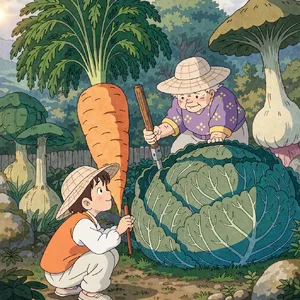 A child and elder tending oversized vegetables in a garden. Reproduce the artistic style of Studio Ghibli, with their distinctive character proportions and detailed plant illustrations. - Recraft Recraft V4.1