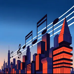 A city skyline that forms the shape of musical notes on a staff, created in a stylized graphic design aesthetic with clean architectural lines and dramatic twilight colors. - Recraft Recraft V4.1