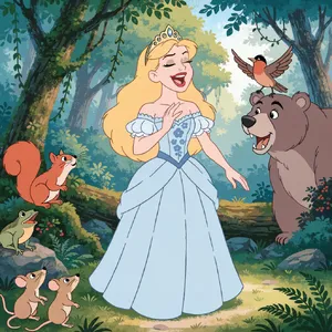 A classic Disney-like 2D cartoon princess singing with animals in a forest. - Recraft Recraft V4.1