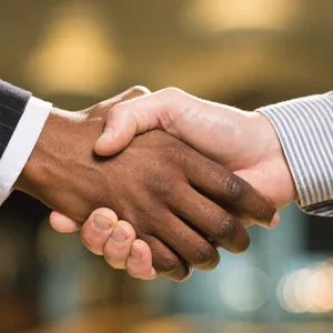 A close-up of two people shaking hands, both hands fully visible with five fingers each, in sharp focus against a blurred background. - Recraft Recraft V4.1