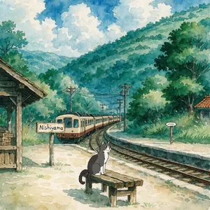 A countryside train station with a cat waiting on a bench. Rendered in Studio Ghibli animation style with Miyazaki's watercolor backgrounds and hand-drawn quality. - Recraft Recraft V4.1