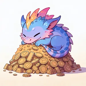 A cute chibi-style dragon sleeping on a pile of gold. - Recraft Recraft V4.1