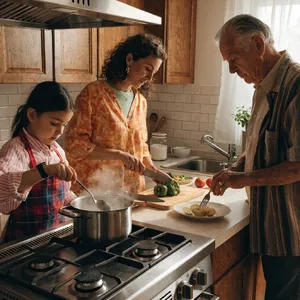 A family cooking together in a kitchen, each person busy with a different task. - Recraft Recraft V4.1
