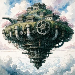 A floating steampunk castle in the sky with intricate mechanical gears and cherry blossom trees, illustrated in Hayao Miyazaki's Castle in the Sky (1986) art style with watercolor textures and detailed line work. - Recraft Recraft V4.1
