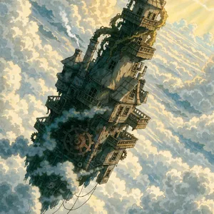 A flying castle floating in clouds at sunrise. Match the visual aesthetic of 'Howl's Moving Castle' by Studio Ghibli, with Miyazaki's blend of steampunk elements and fantasy. - Recraft Recraft V4.1