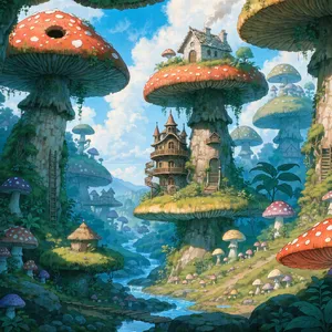 A forest of giant mushrooms with houses built on top of them, rendered in a whimsical Studio Ghibli-inspired art style with vibrant colors and fantastical details. - Recraft Recraft V4.1