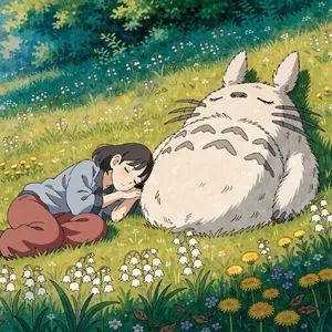A girl and a giant fluffy creature napping in a wildflower meadow. Reproduce the art style of 'My Neighbor Totoro' by Studio Ghibli, with Miyazaki's soft character designs. - Recraft Recraft V4.1