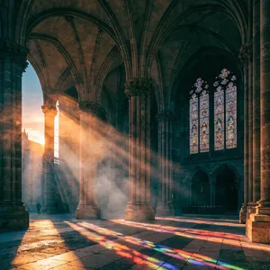 A Gothic cathedral interior at sunset with light streaming through detailed stained glass windows, creating colored patterns on stone floors and columns. Show accurate ribbed vaulting. - Recraft Recraft V4.1