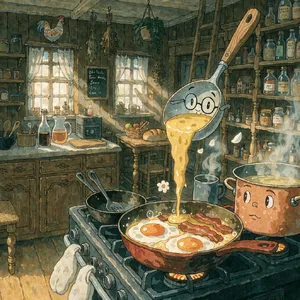 A kitchen with magical cooking implements preparing breakfast. Duplicate the artistic style of Studio Ghibli's domestic scenes, with Miyazaki's detailed settings and warm lighting. - Recraft Recraft V4.1