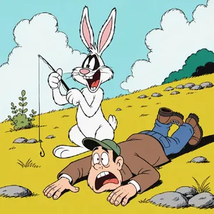 A Looney Tunes-inspired cartoon scene of a clever rabbit tricking a hunter. - Recraft Recraft V4.1