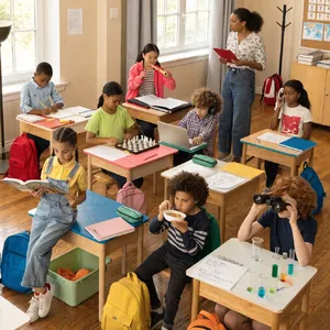 A school classroom of children and a teacher, each student engaged in a different activity. - Recraft Recraft V4.1