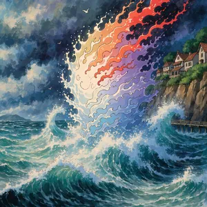 A sea creature rising from a stormy ocean near a village. Replicate the visual style of 'Ponyo' by Studio Ghibli, with Miyazaki's fluid water animations and vibrant creatures. - Recraft Recraft V4.1