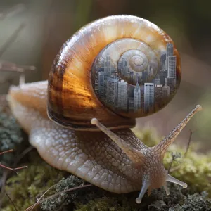 A snail whose shell contains a miniature city skyline, depicted in a hyperrealistic macro photography style with intricate architectural details and ambient lighting. - Recraft Recraft V4.1
