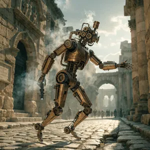 A steampunk robot time-traveling in ancient Rome, depicted in a detailed cinematic style that blends historical accuracy with copper and brass retrofuturistic aesthetics. - Recraft Recraft V4.1