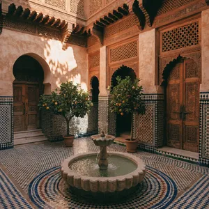 A traditional Moroccan riad courtyard with detailed zellige tilework, flowing fountain, citrus trees, and ornate woodwork. Morning light casting intricate shadow patterns. - Recraft Recraft V4.1