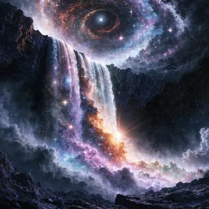 A waterfall that pours out stars and galaxies instead of water, illustrated in a cosmic fantasy style with vibrant space colors and dramatic lighting effects. - Recraft Recraft V4.1