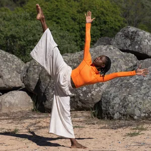 A yoga practitioner in a complex pose, arms and legs fully extended (full-body view). - Recraft Recraft V4.1