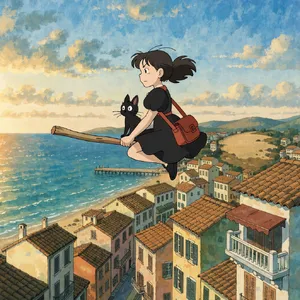 A young witch flying on a broomstick above a coastal town at sunset. Exact art style of 'Kiki's Delivery Service' by Studio Ghibli, with Miyazaki's character design and warm colors. - Recraft Recraft V4.1