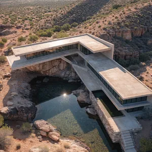 Aerial view of a modernist desert home, in the style of Frank Lloyd Wright's Fallingwater but adapted to desert conditions. Show integration with rocky landscape and water features. - Recraft Recraft V4.1