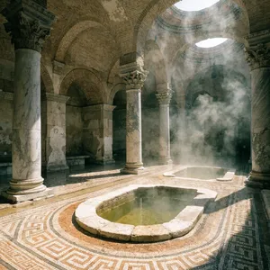 An ancient Roman bathhouse interior with accurate architectural details - marble columns, mosaic floors, arched ceilings, and steam rising from pools. Natural light from oculus openings. - Recraft Recraft V4.1