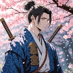 An anime-style portrait of a samurai standing under pink cherry blossoms. - Recraft Recraft V4.1