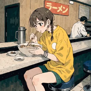 An anime scene of a character eating ramen at a small shop counter (slice-of-life style). - Recraft Recraft V4.1