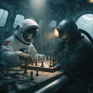 An astronaut and a deep-sea diver playing chess together inside a submarine. - Recraft Recraft V4.1