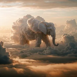 An elephant made of clouds floating in a sunset sky, rendered in a surrealist photorealistic style with ethereal golden lighting and atmospheric depth. - Recraft Recraft V4.1