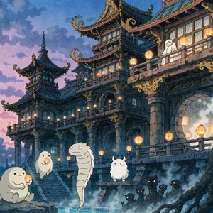 An enchanted bathhouse with glowing lanterns and spirits. Recreate the visual style of 'Spirited Away' by Studio Ghibli, with Miyazaki's ornate architecture and magical atmosphere. - Recraft Recraft V4.1