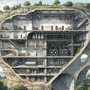 Cross-section rendering of a multi-level underground bunker with different functional areas, structural support systems, ventilation, and power generation facilities visible. - Recraft Recraft V4.1