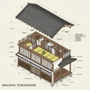 Cutaway architectural drawing of a traditional Japanese machiya townhouse showing all rooms and structural elements. Include accurate proportions, traditional joinery, and typical spatial organization. - Recraft Recraft V4.1