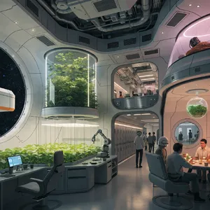Interior of a futuristic space habitat with hydroponics gardens, communal areas, and living quarters. Show curved walls, artificial gravity considerations, and multipurpose furniture designs. - Recraft Recraft V4.1
