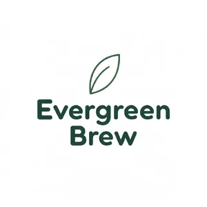 Minimalist logo for a sustainable coffee brand 'Evergreen Brew', single leaf motif, clean lines, vector style, white background. 'Evergreen Brew' contained as text in logo - Recraft Recraft V4.1