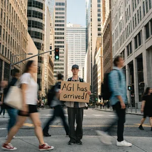 Photorealistic daytime street photograph, clearly showing a man standing still on a busy urban street corner holding a rectangular cardboard sign clearly facing camera, handwritten bold black marker text clearly readable as 