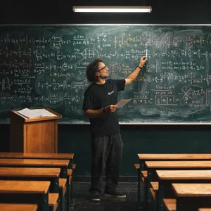 Photorealistic depiction of a man wearing a clearly visible black OpenAI-branded T-shirt. He is standing at the front of a university lecture hall, writing complex mathematics and AI-related equations across a large, dusty chalkboard filled with notation - Recraft Recraft V4.1