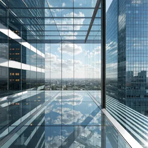 Photorealistic rendering of a contemporary glass skybridge between two skyscrapers, seen from inside with city views visible through glass walls and floor. Show accurate reflections and structural details. - Recraft Recraft V4.1