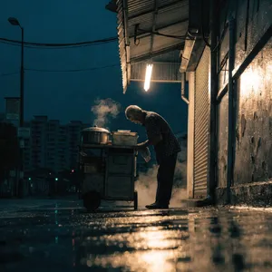 Rain-slicked Singapore street, 3 AM. A lone elderly hawker cleans his cart under one flickering fluorescent light. Steam rises gently. Low-angle shot, photorealistic - Recraft Recraft V4.1