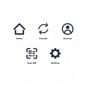 Set of 5 consistent flat design icons for a mobile banking app: 'Home', 'Transfer', 'Account', 'Scan QR', 'Settings'. Monochrome dark blue. - Recraft Recraft V4.1