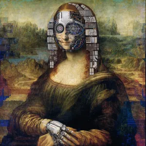The Mona Lisa reimagined as a futuristic android, rendered in a digital art style that preserves Da Vinci's composition while incorporating sleek cyberpunk aesthetics and technological elements. - Recraft Recraft V4.1