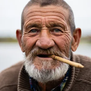 A 4K photo of an old fisherman with a weathered face and a pipe, grinning. - Reve Reve Image (Halfmoon)