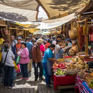 A bustling market scene with dozens of people buying and selling goods. - Reve Reve Image (Halfmoon)