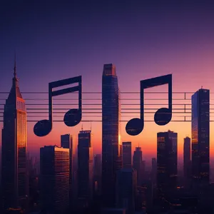 A city skyline that forms the shape of musical notes on a staff, created in a stylized graphic design aesthetic with clean architectural lines and dramatic twilight colors. - Reve Reve Image (Halfmoon)