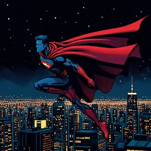 A comic-book style superhero flying over a city at night, with halftone shading. - Reve Reve Image (Halfmoon)